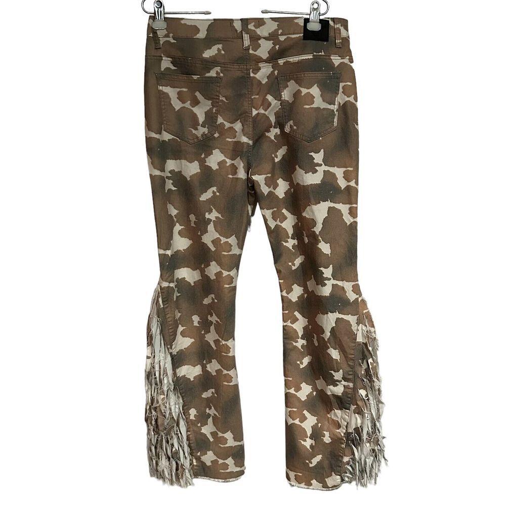 L&B Lucky & Blessed  Brown & White Distressed Flare Jeans with Fringe Cow PRINT - Picture 3 of 9
